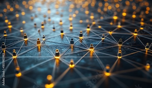 Network of glowing people icons connected by lines on dark background connection