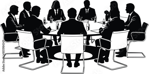 Vector Silhouette Collection of Business Professionals, Corporate Meetings, Construction Workers, Downhill Skiers, and Costume Characters, Isolated Group Poses for Design Projects