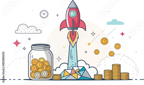 Bold Flat Vector of a Paper Rocket Launching From Savings