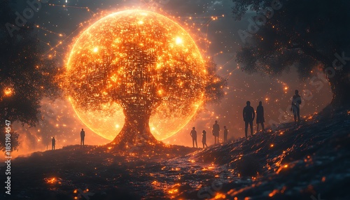 Silhouetted figures observe glowing orange orb tree in mystical night landscape fantasy