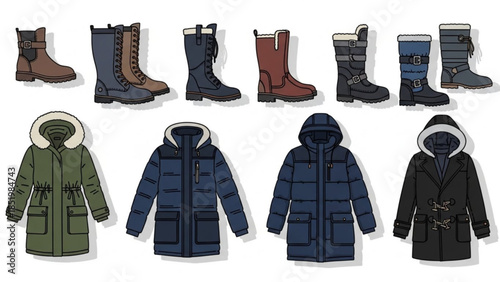 Collection of winter coats and boots in various colors and styles on white background