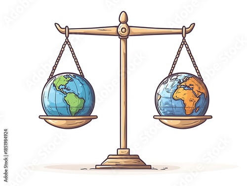Two globes balanced on a scale with chains and white background earth weighing