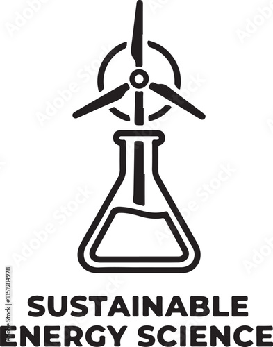 Wind turbine atop a laboratory flask with text SUSTAINABLENERGYSCIENCE sustainable energy