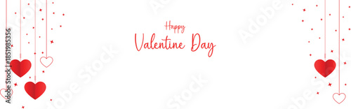 Happy Valentine's Day Banner with Hanging Red Hearts and Sparkles, Minimalist Love Greeting Card Header with Copy Space on White Background, Romantic Vector Illustration
