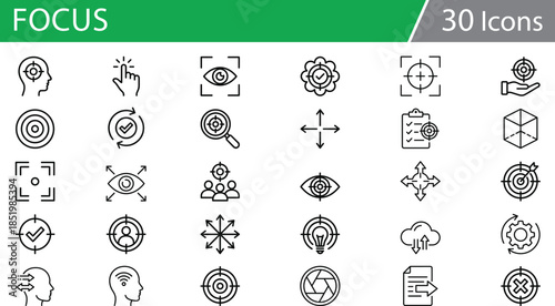 Grid of 30 black line icons for focus, cognition, and analysis, ideal for strategic thinking vector illustration content