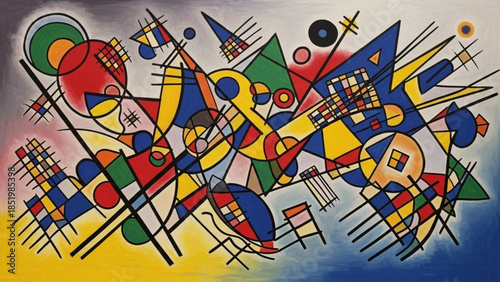 Vibrant abstract art featuring geometric shapes and lines in a dynamic composition