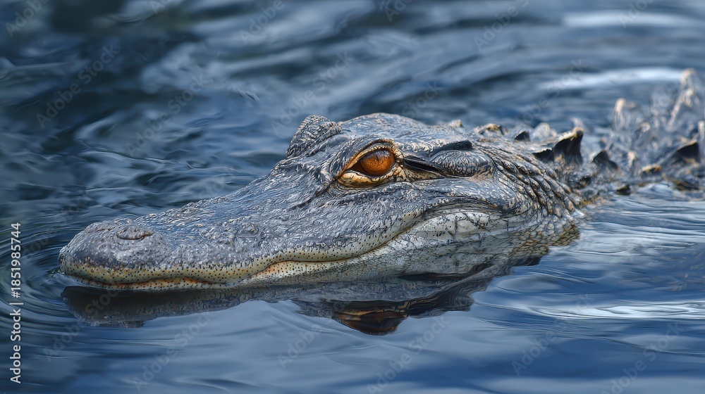 Obraz premium Large alligator glides through still water with ripples forming around its scaly body and intense orange eye 