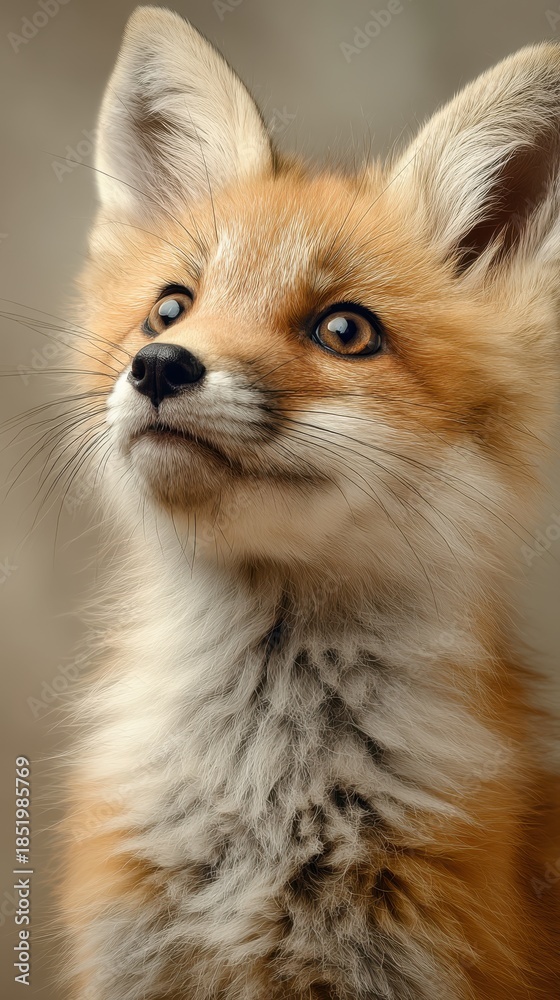 Obraz premium cute baby fox looking up, surprised emotion, soft daylight, neutral background, fluffy fur
