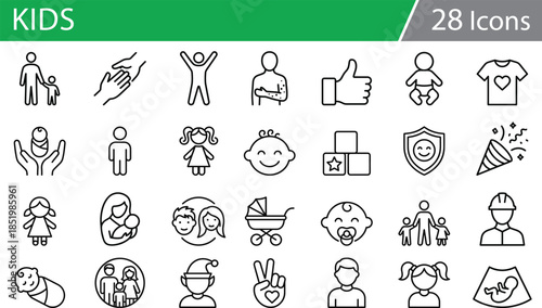 Grid of 30 black line icons for parenting, childhood, and family life, ideal for emotional and educational vector content
