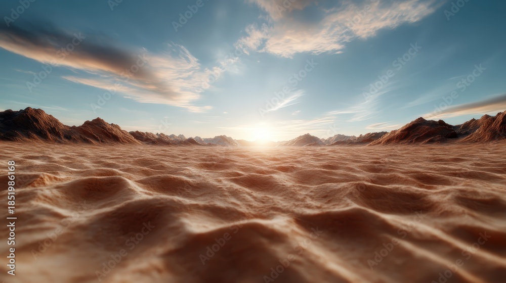 Fototapeta premium A breathtaking view of a desert at sunset, featuring undulating sandy terrain and distant mountains illuminated by golden sunlight, capturing the beauty of nature's tranquility.
