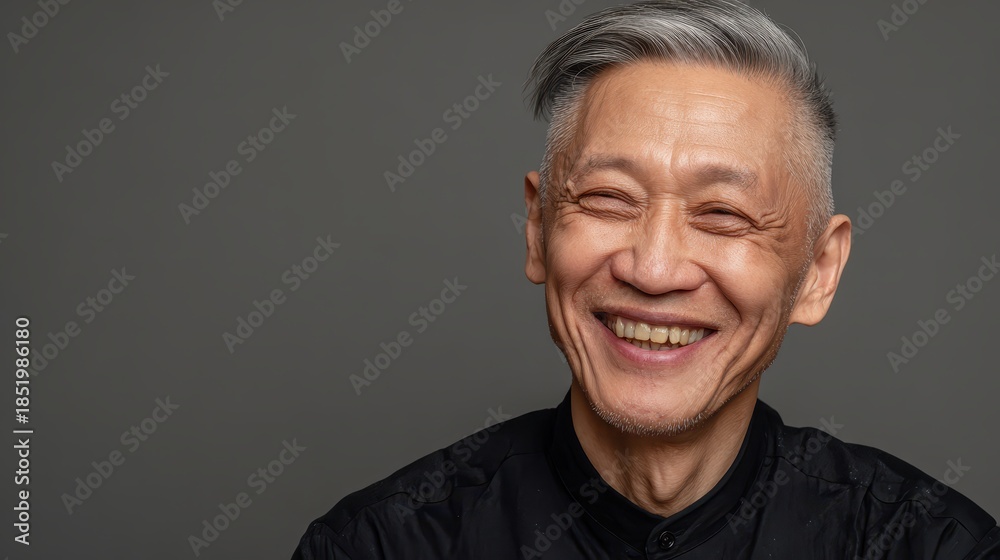 Obraz premium Happy senior Asian man with grey hair smiling sincerely, conveying warmth and a positive mood in a simple black shirt 