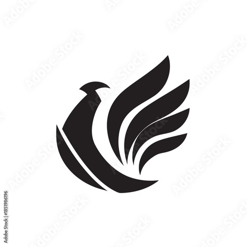 Stylized black silhouette of a bird form featuring an uplifted head and curved wing feathers against a white background
