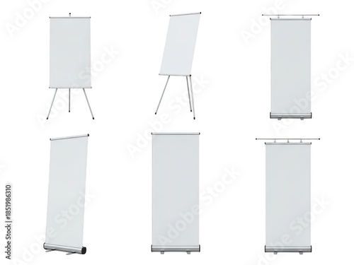 Collection of blank roll-up banners and presentation boards isolated on transparent background