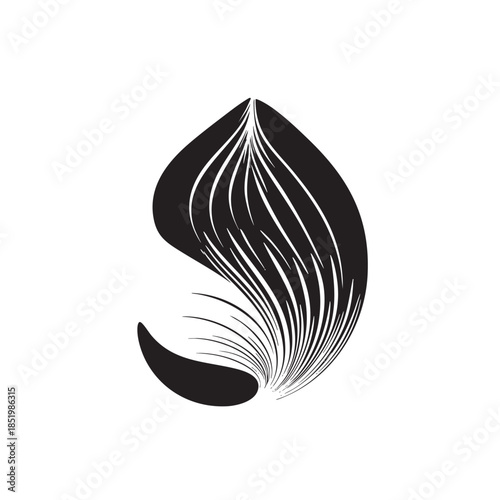 Stylized abstract graphic featuring dynamic black lines forming a teardrop shape