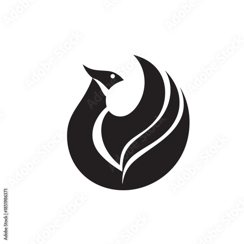 Stylized black silhouette depicting a mythical bird shape enclosed within a circular form