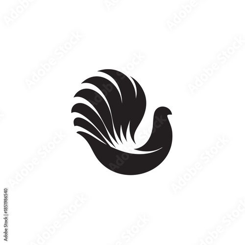 Stylized black silhouette design features a bird with an exaggerated, fanned tail