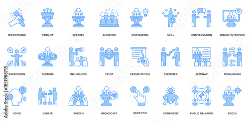 Public Speaking icon collection set. Containing microphone, podium, speaker, audience, influencer, presentation, debate, speech icon. Simple lineal blue vector