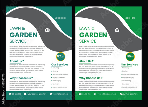 Flyer design template for lawn and gardening services. Design of a poster leaflet for gardening and tree lawn care flyer design template. landscaping and gardening lawn care service flyer,