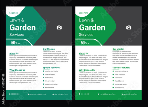 Lawn mower landscaping garden service flyer brochure cover template Flyer design template for lawn and gardening services. Design of a poster leaflet for gardening and tree services. Template for lawn