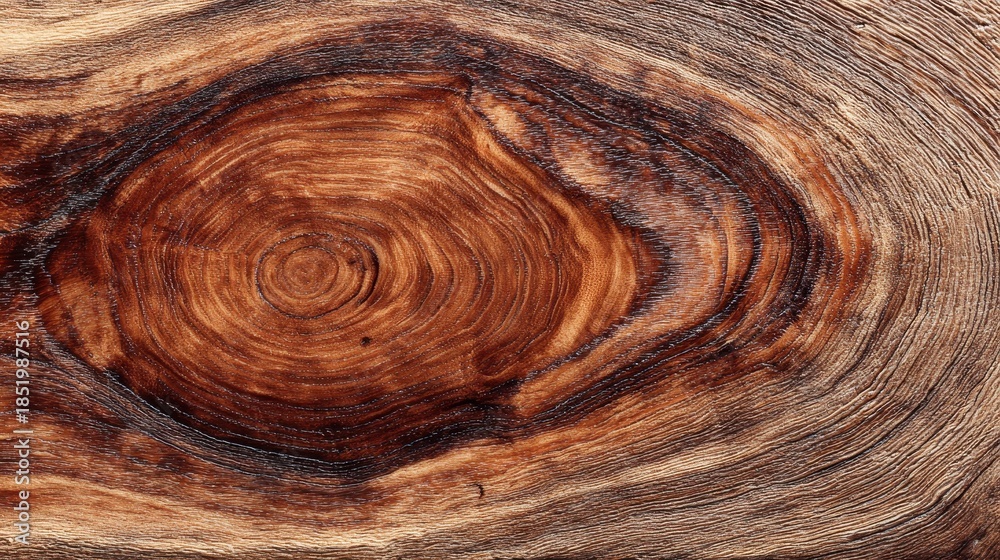 Obraz premium A closeup of a polished wooden slab reveals rich grain patterns, knots, and natural details, highlighting organic material beauty for design use. 