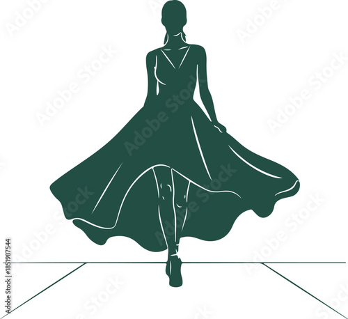 Elegant woman in flowing dress walking confidently on runway
