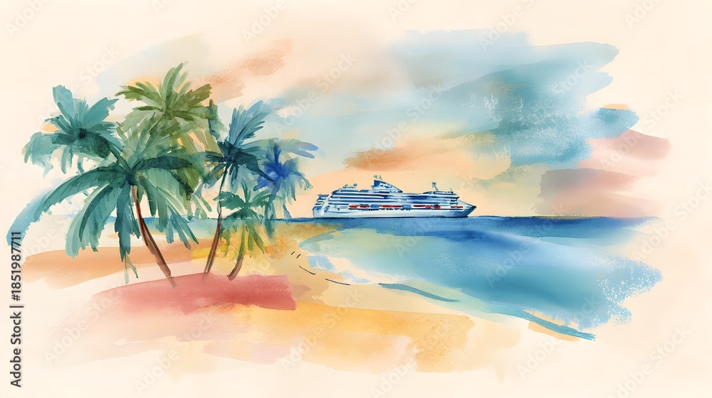 Fototapeta premium Vibrant Caribbean Beach Watercolor Illustration Cruise Ship Serene Summer Holiday Scene Stock Image