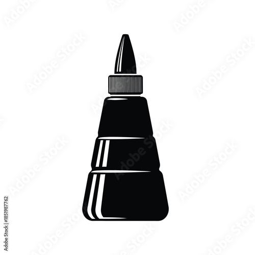 a stylized black and white graphic illustration depicts a single bottle of super glue showing its conical shape and ribbed cap
