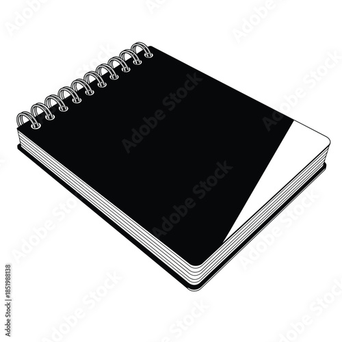 a black and white spiral bound notebook is shown on a white background appearing closed and ready for use high quality