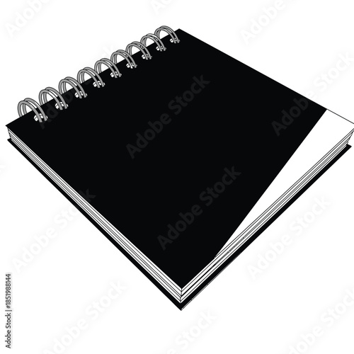a sleek black spiral bound notebook lies slightly angled on a plain white surface showcasing its blank pages and minimalist design