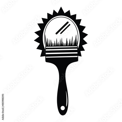 a black and white illustration depicts a makeup brush with a jagged sunburst like mirror attached to its bristles high quality