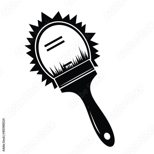 a striking black and white illustration depicts a unique combination of a makeup mirror and paintbrush design high quality professional detailed