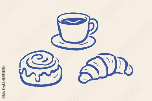 Coffee Cup with Croissant and Cinnamon Roll Minimal Doodle Vector