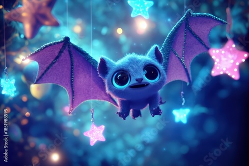 Cute flying bat creature with neon stars and wings in a magical night sky scene
