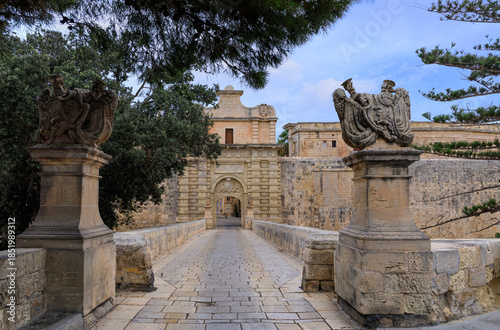 View of Mdina Gate and the walled up medieval entrance in Malta Island.