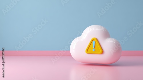 A cute glossy 3D white cloud icon with a warning symbol represents system alerts, data risks, and technical issues in a clean digital style.
