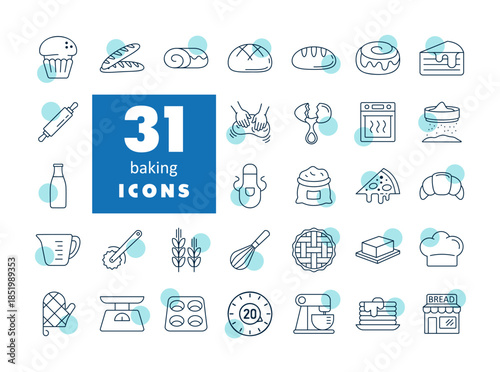 Baking Icons Set, Outline Style with Fill