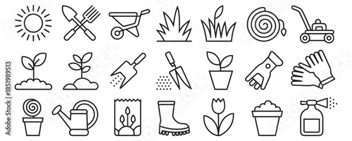 Gardening tools and plants icons for landscaping and growth