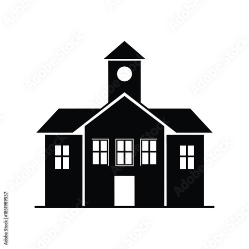 a simple black and white illustration depicts a classic schoolhouse building with a central clock tower and rectangular windows high quality