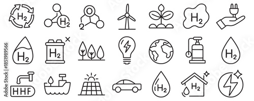 Hydrogen fuel cell energy icons set for sustainable power solutions