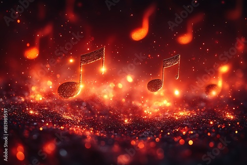 Glowing musical notes and particles in fiery red and orange hues eighth note sixteenth note