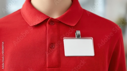 A close up of a person wearing a red polo shirt with a blank name tag, symbolizing service work, professionalism, and customer interaction.
