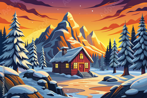 Snow covered pine trees surround a small mountain cabin, forming a cozy winter landscape that blends human shelter with untouched evergreen wilderness
