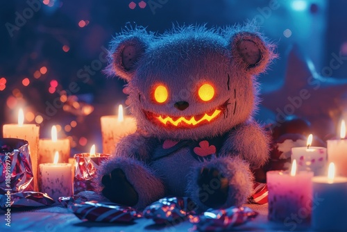 Plush bear with glowing jack-o'-lantern face surrounded by candles and candy in moody blue glow