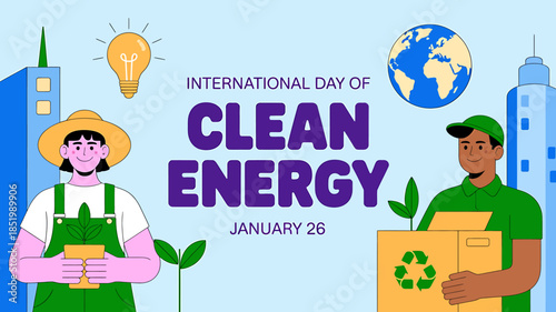 International day of clean energy illustration with people holding eco friendly objects and a cityscape background on january 26