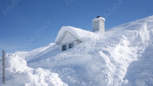 A house rooftop buried under heavy snow after a winter storm highlights structural risk, seasonal maintenance, and weather impact.
