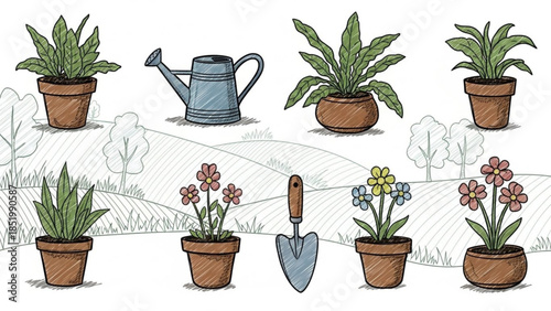 Collection of potted plants and gardening tools hand-drawn illustration for spring and summer projec