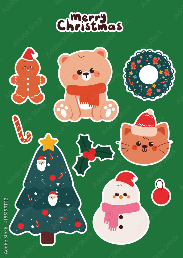 Naklejka premium cute hand drawing cartoon bear, cat and Christmas element for Christmas sticker. cute Christmas sticker sheet