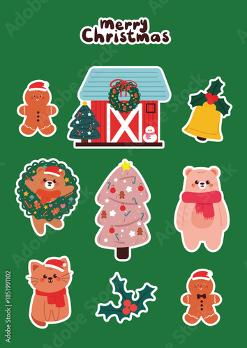 cute hand drawing cartoon bear, cat and Christmas element for Christmas sticker. cute Christmas sticker sheet