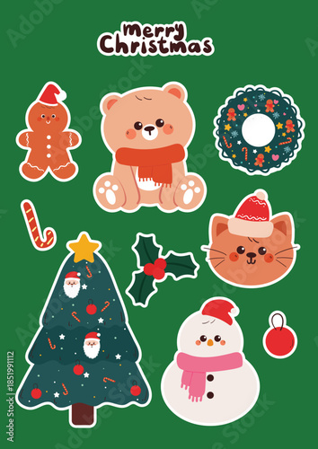cute hand drawing cartoon bear, cat and Christmas element for Christmas sticker. cute Christmas sticker sheet