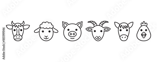 Cute farm animal faces in a row for kids and education